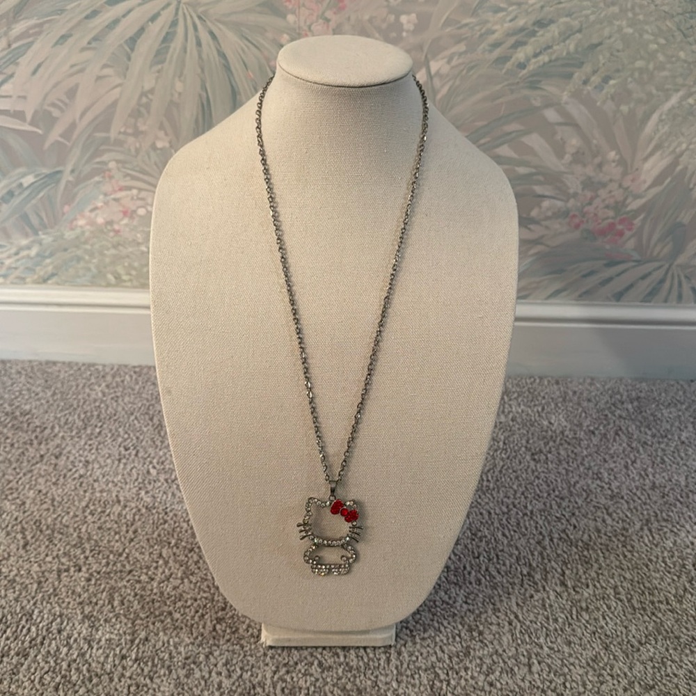 Large Rhinestone Hello Kitty Pendant Necklace with Red Rhinestone Bow - Picture 2 of 5